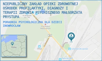PORADNIA PSYCHOLOGICZNA DLA DZIECI - NIEPUBLICZNY ZAKŁAD OPIEKI ZDROWOTNEJ OŚRODEK PROFILAKTYKI, DIAGNOZY I TERAPII ZDROWIA PSYCHICZNEGO MAŁGORZATA PRYSTUPA - SZKLARSKA 1,  INOWROCŁAW