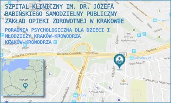 PORADNIA PSYCHOLOGICZNA DLA DZIECI I MŁODZIEŻY KRAKÓW-KROWODRZA - SZPITAL KLINICZNY IM. DR. JÓZEFA BABIŃSKIEGO SAMODZIELNY PUBLICZNY ZAKŁAD OPIEKI ZDROWOTNEJ W KRAKOWIE - UL. JÓZEFA MEHOFFERA 10,  KRAKÓW-KROWODRZA
