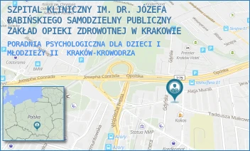 PORADNIA PSYCHOLOGICZNA DLA DZIECI I MŁODZIEŻY II - SZPITAL KLINICZNY IM. DR. JÓZEFA BABIŃSKIEGO SAMODZIELNY PUBLICZNY ZAKŁAD OPIEKI ZDROWOTNEJ W KRAKOWIE - UL. JÓZEFA MEHOFFERA 10,  KRAKÓW-KROWODRZA