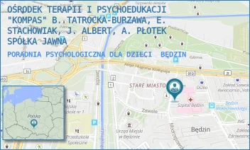 PORADNIA PSYCHOLOGICZNA DLA DZIECI - OŚRODEK TERAPII I PSYCHOEDUKACJI "KOMPAS" B. TATROCKA-BURZAWA, E. STACHOWIAK, J. ALBERT, A. PŁOTEK SPÓŁKA JAWNA - UL. MODRZEJOWSKA 27,  BĘDZIN