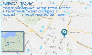 OŚRODEK ŚRODOWISKOWEJ OPIEKI PSYCHOLOGICZNEJ I PSYCHOTERAPEUTYCZNEJ DLA DZIECI I MŁODZIEŻY - I POZIOM REFERENCYJNY - FUNDACJA "RADUGA" - LEGNICKA 12,  JAWOR